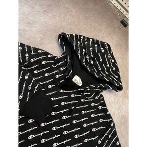 Champion Reverse Weave Hoodie Mens Medium Black All Over Logo Print